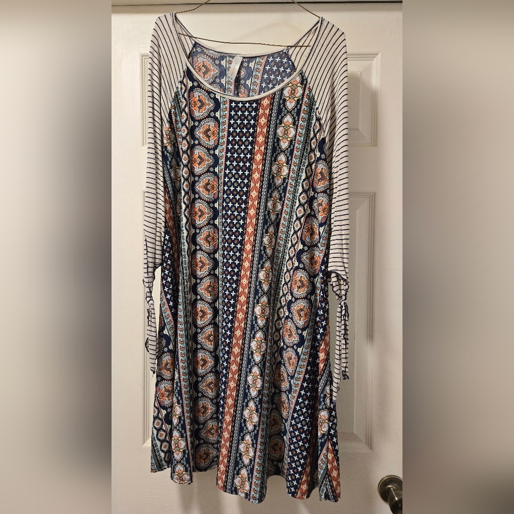 Patterned Midi Dress with Stripes and Floral Design